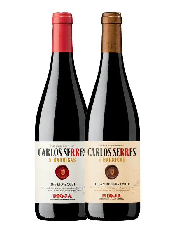Ampolla de Carlos Serres 5 Barricas Gran Reserva 2019 y Carlos Serres 5 Barricas Reserva 2021